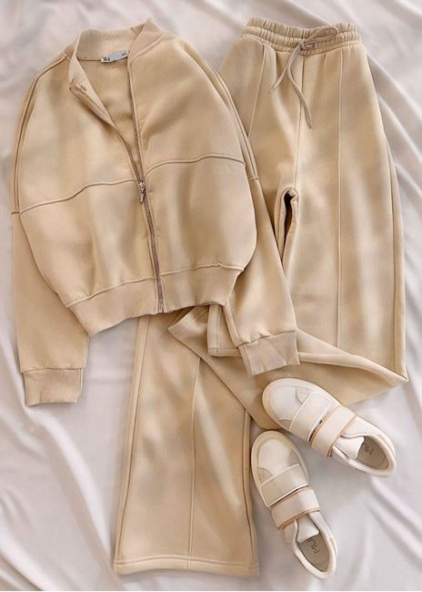 Bej Bomber 3 İplik Eşofman Takımı