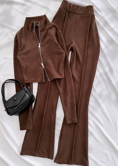 Kahverengi Çift Fermuar Detay Selanik Kumaş Takım