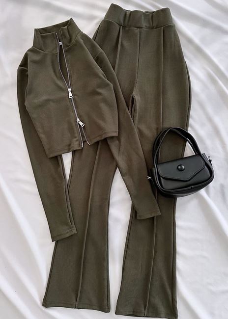 Yeşil Çift Fermuar Detay Selanik Kumaş Takım