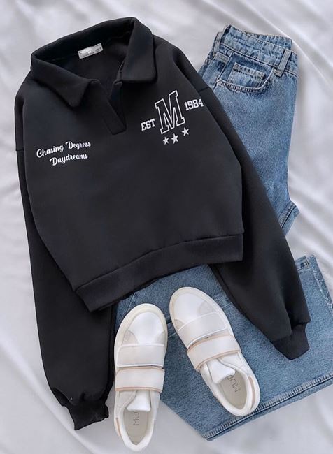 Siyah M Baskı Polo Yaka Sweat