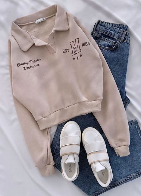 Bej M Baskı Polo Yaka Sweat