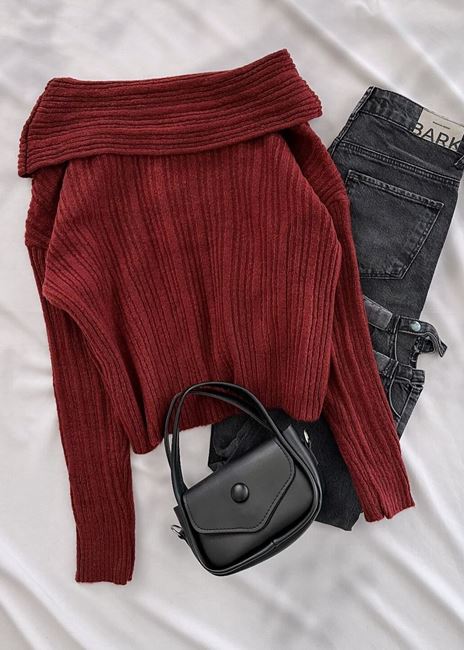 Bordo Kayık Yaka Triko Kazak