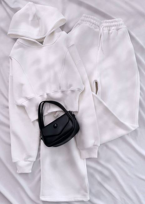 Beyaz Korse Bel Detay 3 İplik Eşofman Takımı