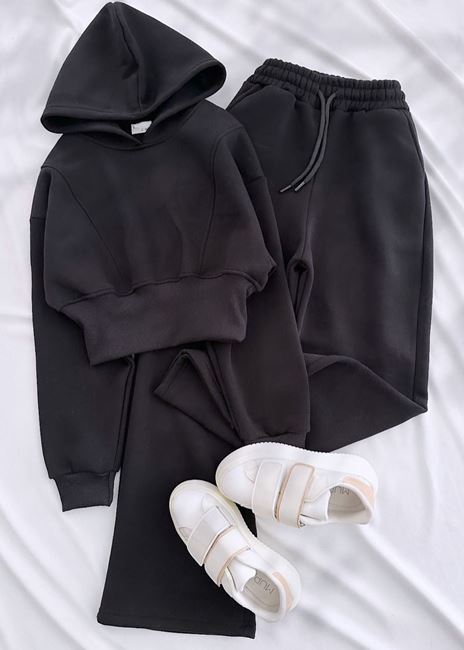 Siyah Korse Bel Detay 3 İplik Eşofman Takımı