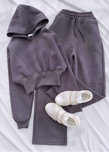 Antrasit Korse Bel Detay 3 İplik Eşofman Takımı