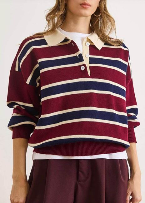 Bordo Çizgili Polo Yaka Kazak