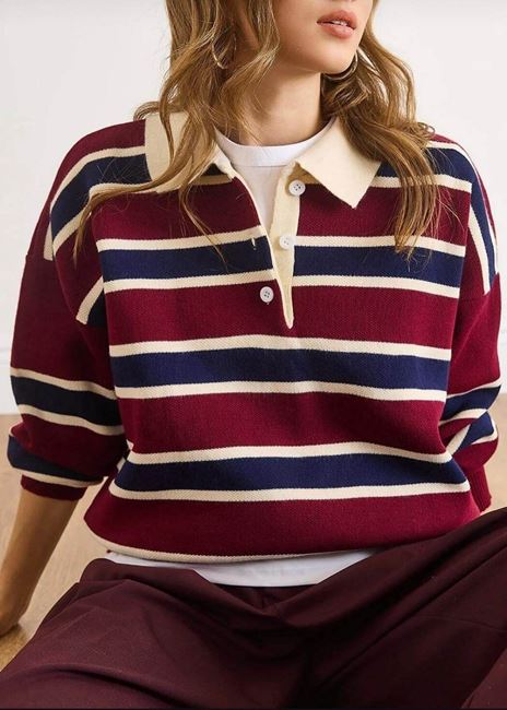 Bordo Çizgili Polo Yaka Kazak