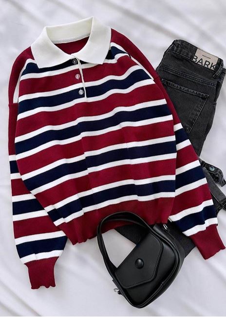 Bordo Çizgili Polo Yaka Kazak