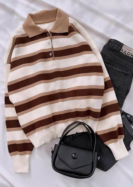 Bej Çizgili Polo Yaka Kazak