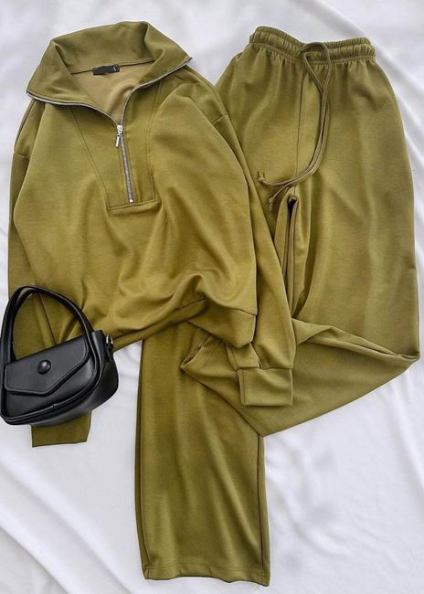 Yağ Yeşili Fermuar Detay Modal Kumaş Takım