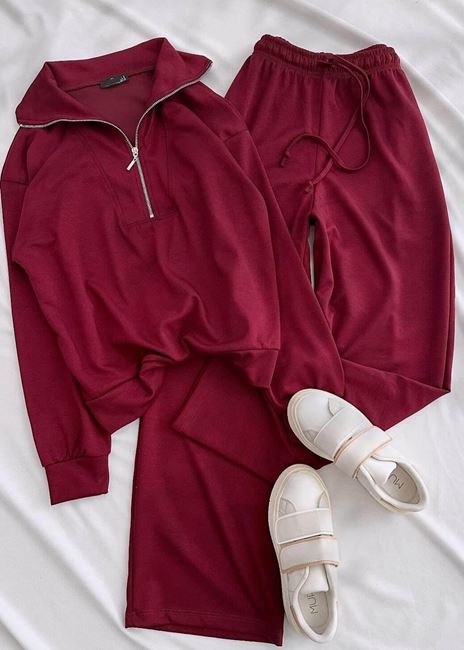 Bordo Fermuar Detay Modal Kumaş Takım