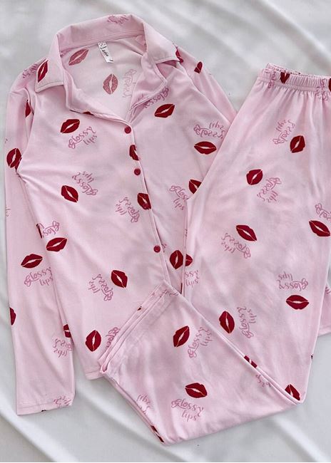 Pembe Glossy Desen Pijama Takımı