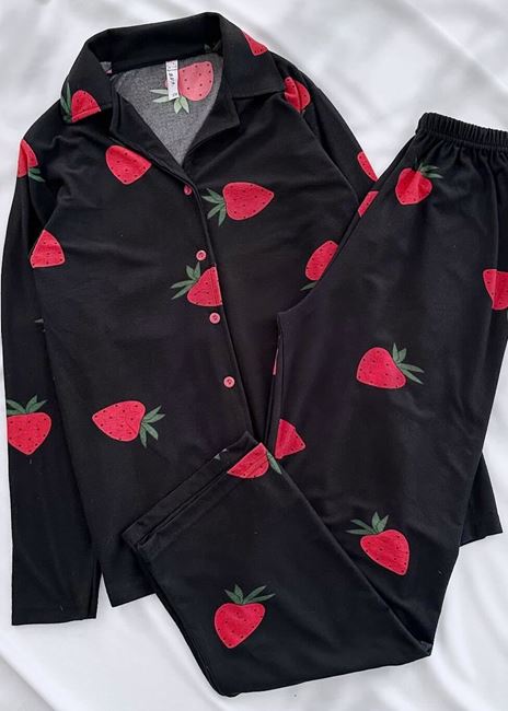 Siyah Çilek Desen Pijama Takımı