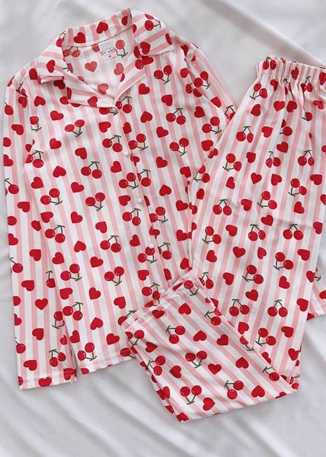 Pembe Kiraz Desen Pijama Takımı