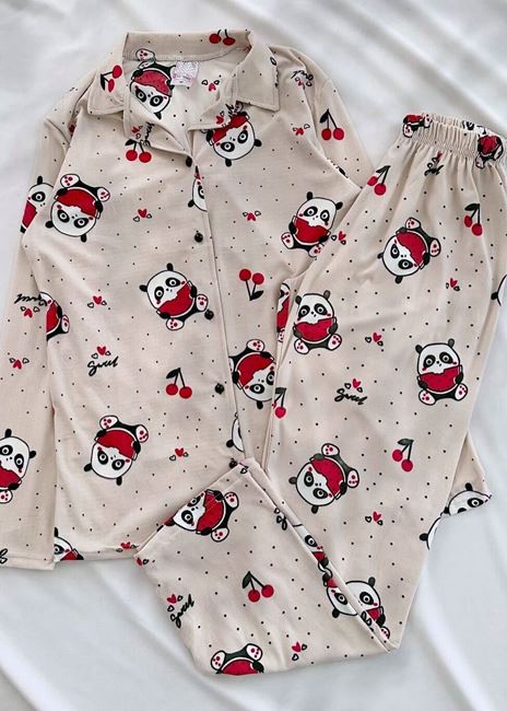Bej Panda Desen Pijama Takımı
