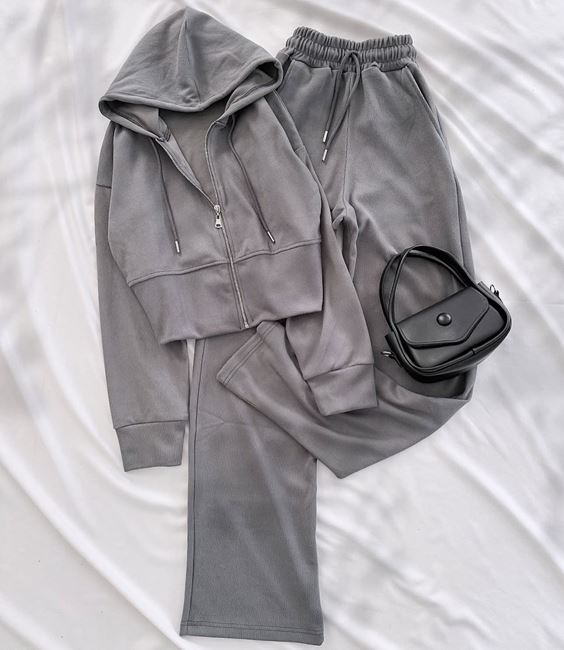 Gri Selanik Kumaş Kapüşonlu Takım