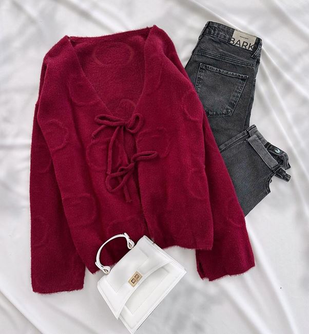 Bordo Yumoş Bağlamalı Hırka