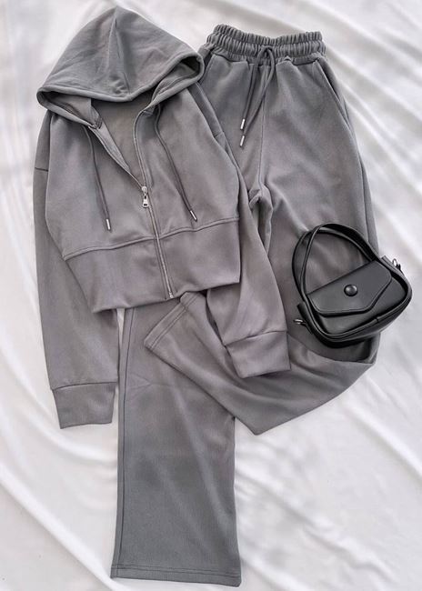 Koyu Gri Selanik Kumaş Kapüşonlu Takım