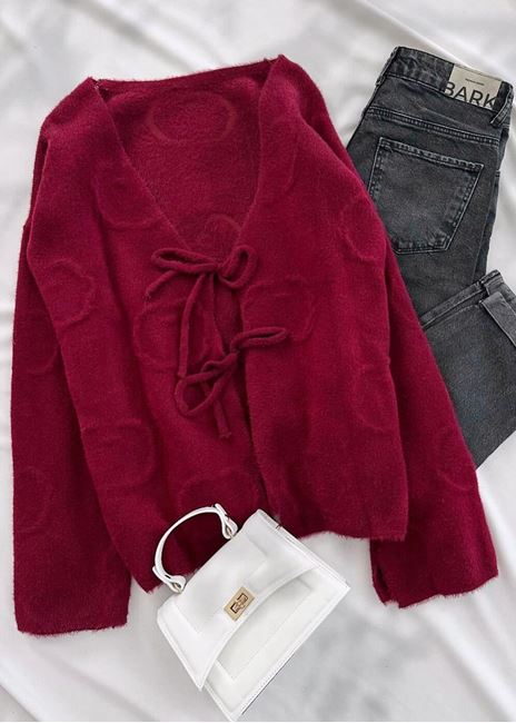 Bordo Yumoş Bağlamalı Hırka