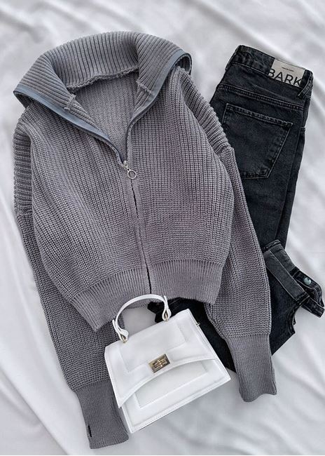 Gri Triko Parmak Detay Triko Ceket