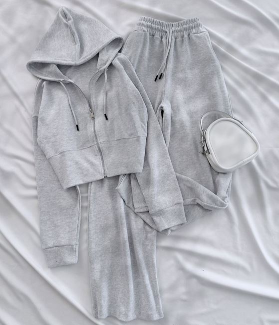 Açık Gri Selanik Kumaş Kapüşonlu Takım