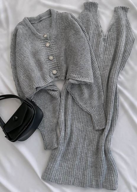 Gri Düğme Detay Hırka Elbise Takım