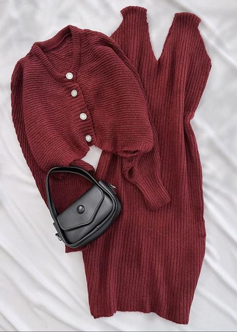 Bordo Düğme Detay Hırka Elbise Takım