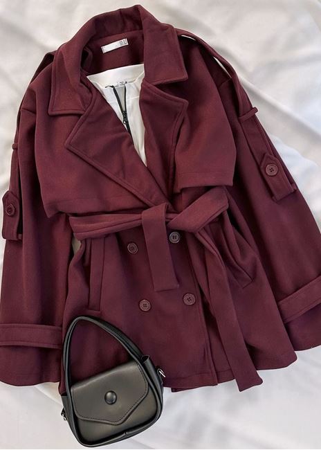 Bordo Kaşe Bağlama Detay Trenç Ceket