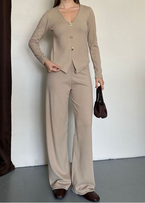 Bej Düğme Detay Selanik Pantolon Takım