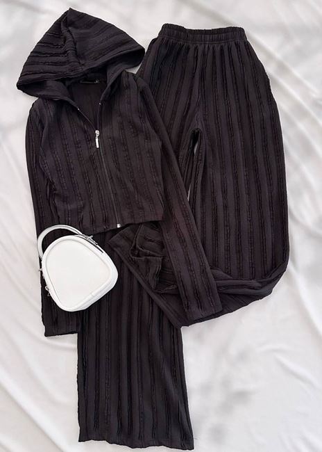 Siyah Dokulu Kapüşonlu Ceket Pantolon Takım