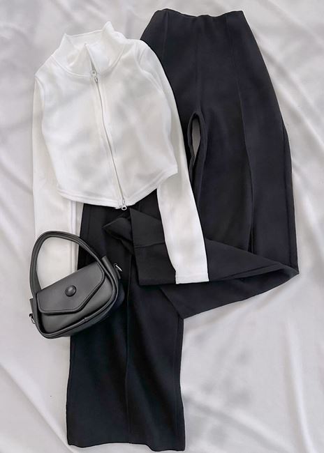 Beyaz Tam Fermuar Detay Bluz