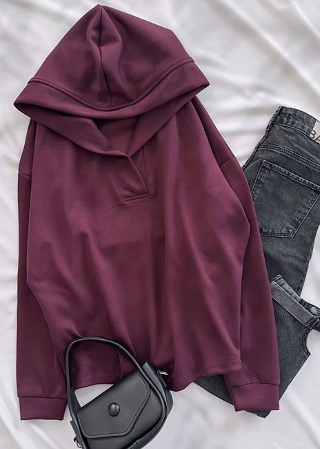 Bordo Kapüşonlu Oysh Cepli Sweat