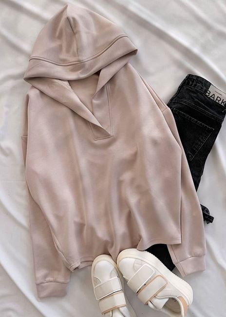 Bej Kapüşonlu Oysh Cepli Sweat