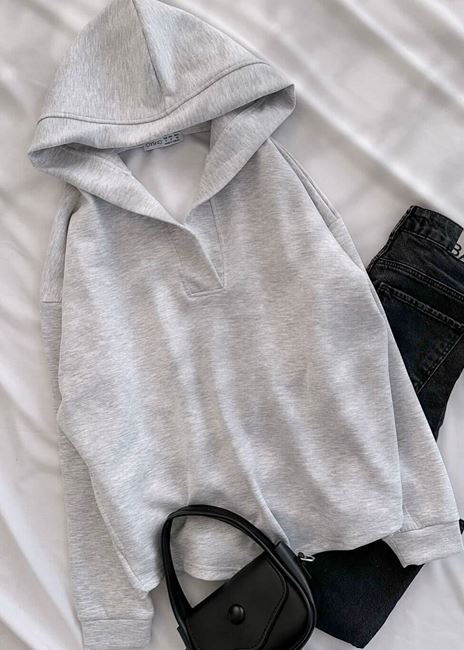 Gri Kapüşonlu Oysh Cepli Sweat