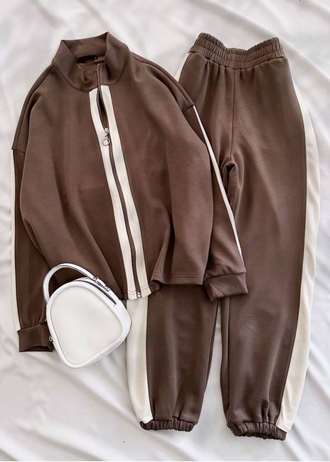 Kahverengi Oysh Şerit Eşofman Takımı