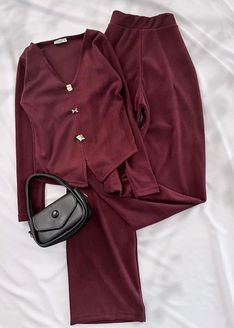Bordo Düğme Detay Selanik Pantolon Takım