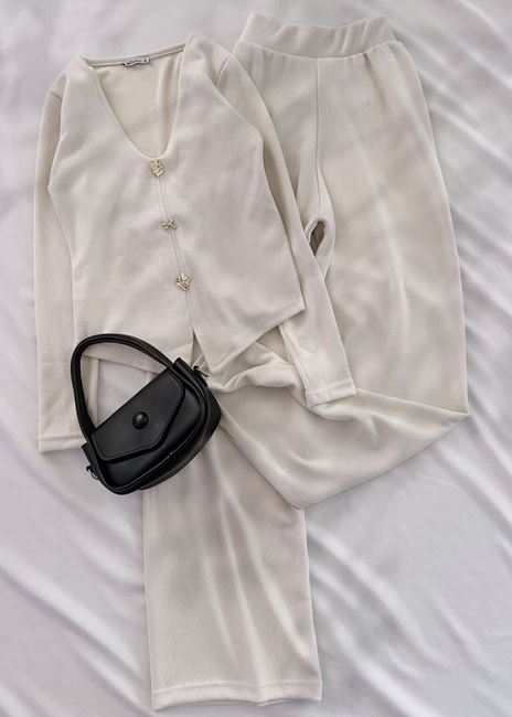 Bej Düğme Detay Selanik Pantolon Takım