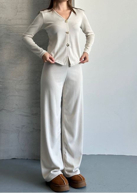 Bej Düğme Detay Selanik Pantolon Takım