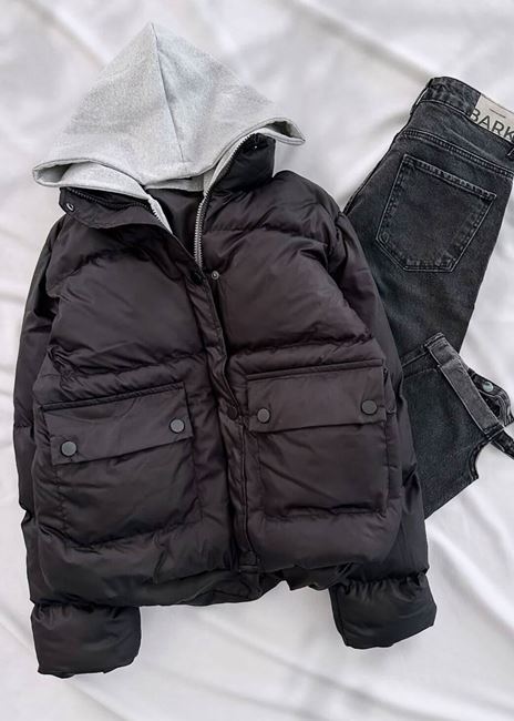 Siyah Kapüşon Birleşik Model Şişme Mont