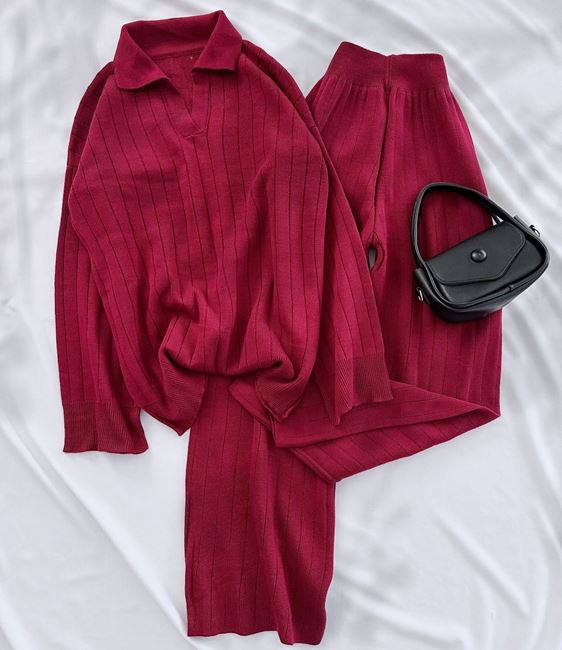 Bordo Polo Yaka Uzun Triko Takım