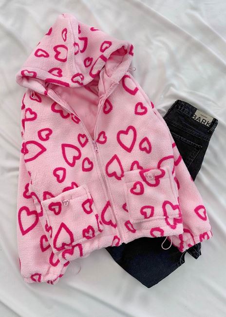 Pembe Kalp Detay Astarlı Peluş Ceket