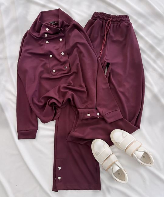 Bordo Ön Yaka Detay Modal Kumaş Takım