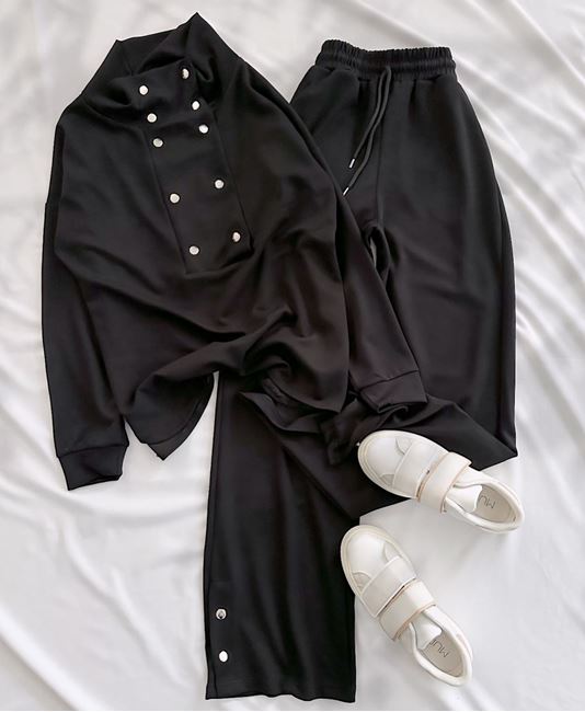 Siyah Ön Yaka Detay Modal Kumaş Takım