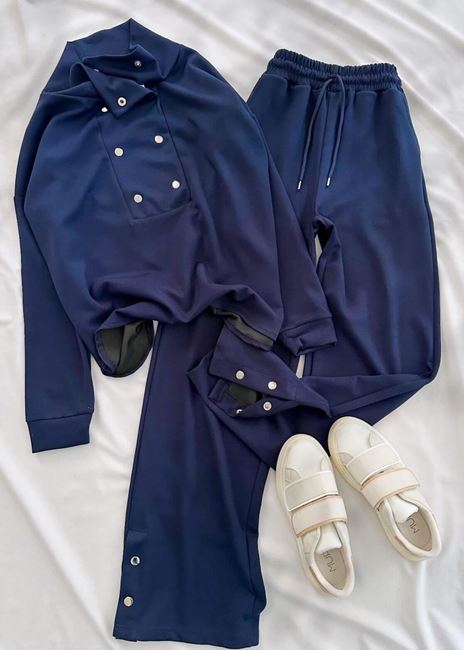 Lacivert Ön Yaka Detay Modal Kumaş Takım