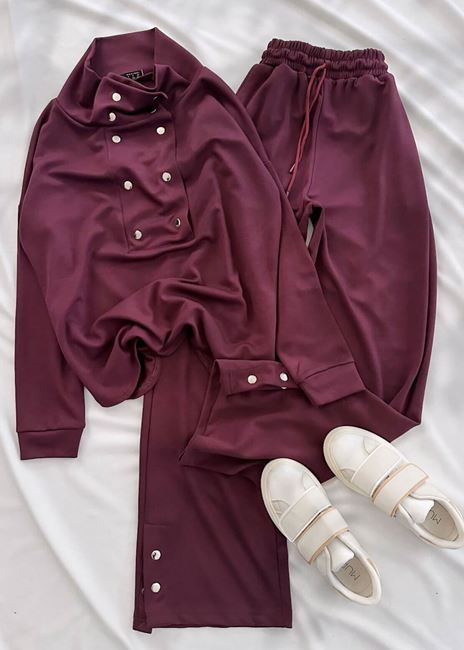 Bordo Ön Yaka Detay Modal Kumaş Takım