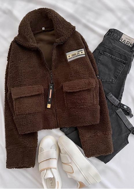 Kahverengi Arma Detay Peluş Ceket