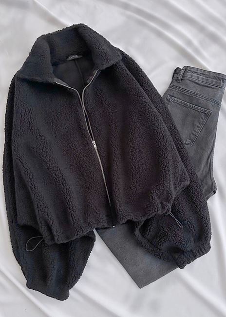 Siyah Balon Kol Peluş Ceket