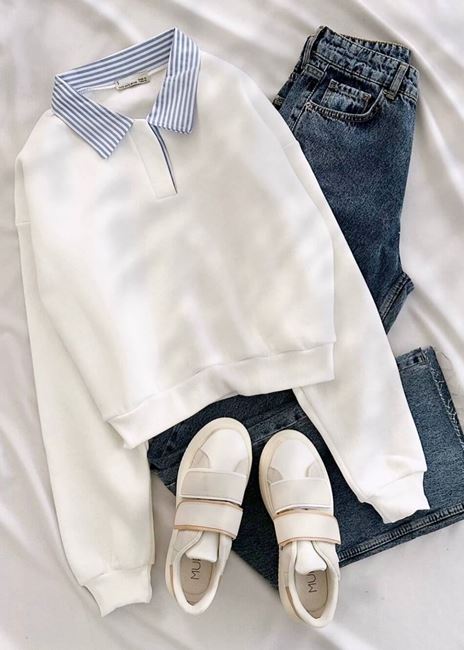 Beyaz Gömlek Yaka Detay Sweat