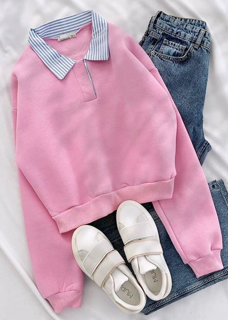 Pembe Çizgili Gömlek Yaka Detay Sweat