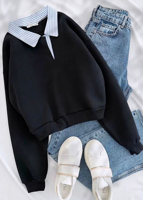 Siyah Çizgili Gömlek Yaka Detay Sweat